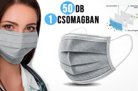 50 db, 3 rétegű, prémium  szájmaszk ezüst színben