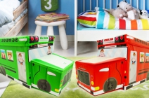 Busz alakú, ülőkeként is használható vidám tárolódoboz gyerekeknek zöld vagy piros színben (40x25x27 cm)