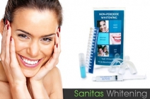 Otthoni fogfehérítő szett 6.990 Ft-ért a Sanitas Whitening-től (fogsín, fehérítő gél, activator folyadék és színárnyalat mérő, 65.000 Ft értékben)