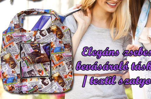 Textil bevásárló táska zsebbel, 8 féle mintával
